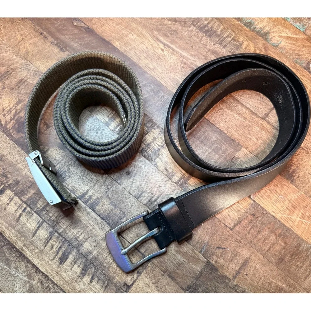 Mens Belt Bundle Black Genuine Leather Size 40 & Reversible Olive Webbed Fabric